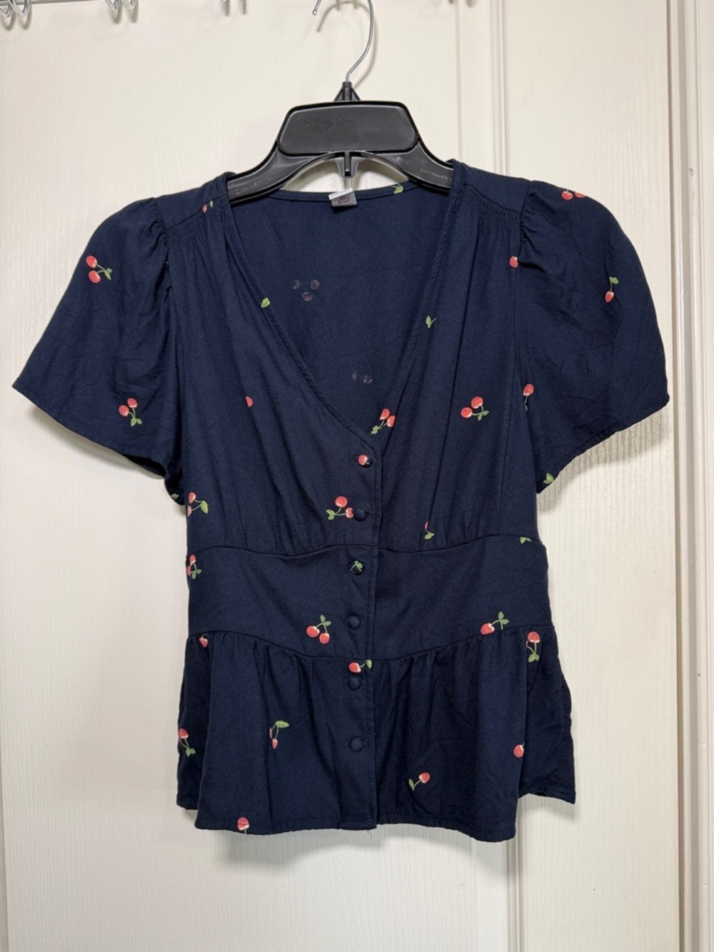 Old Navy Cherry Print Peplum Top Navy Short Sleeve Button Front XS